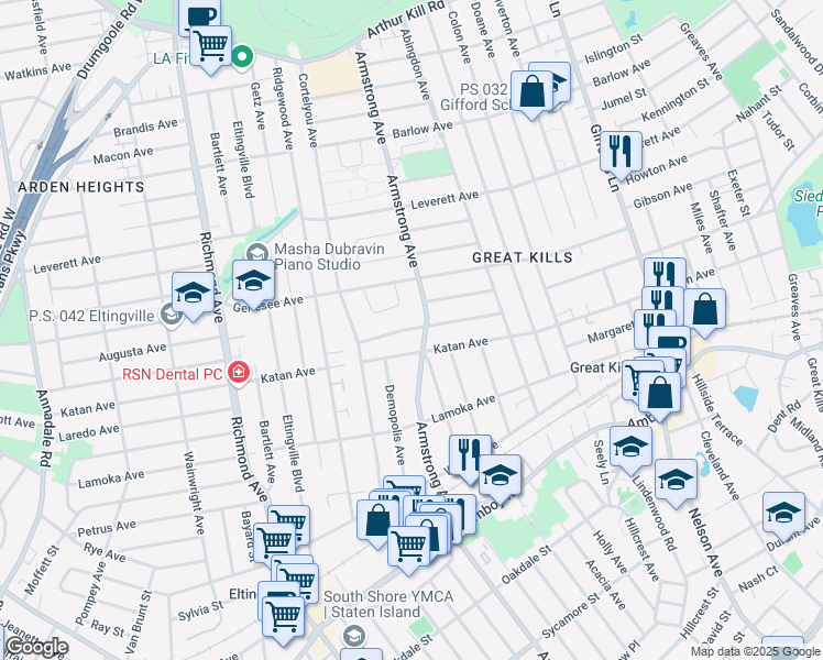 map of restaurants, bars, coffee shops, grocery stores, and more near 738 Armstrong Avenue in Staten Island