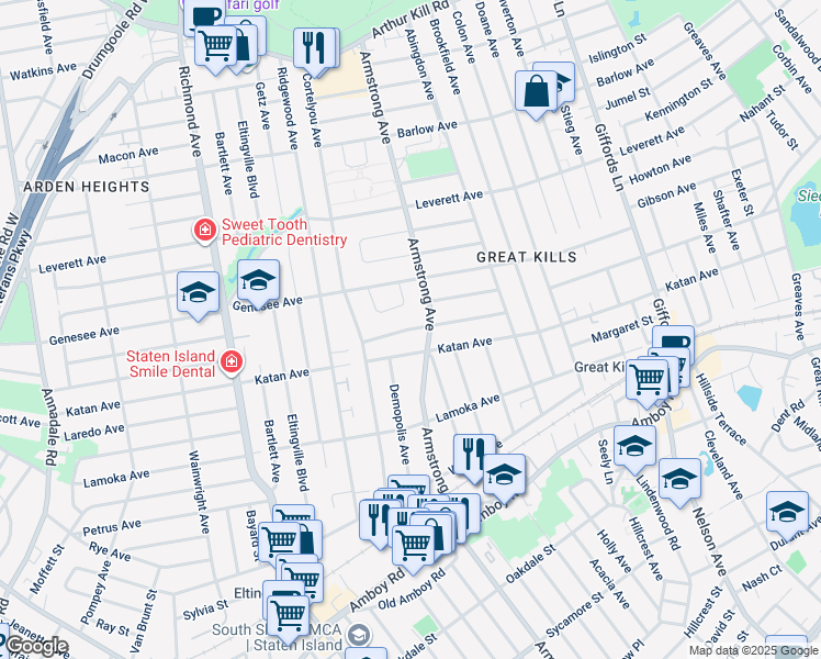 map of restaurants, bars, coffee shops, grocery stores, and more near 47 Stanley Circle in Staten Island