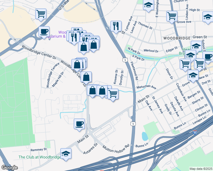 map of restaurants, bars, coffee shops, grocery stores, and more near 802 Sharon Garden Court in Woodbridge Township