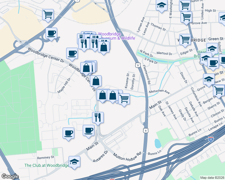 map of restaurants, bars, coffee shops, grocery stores, and more near 306 Sharon Garden Court in Woodbridge Township