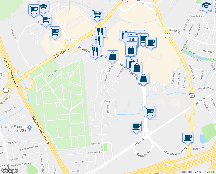 map of restaurants, bars, coffee shops, grocery stores, and more near 121 Woodbridge Terrace in Woodbridge Township
