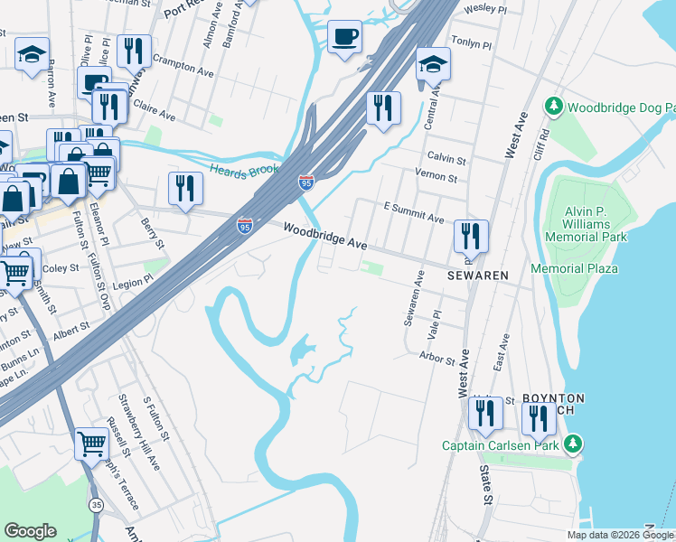 map of restaurants, bars, coffee shops, grocery stores, and more near 140 South Robert Street in Woodbridge Township