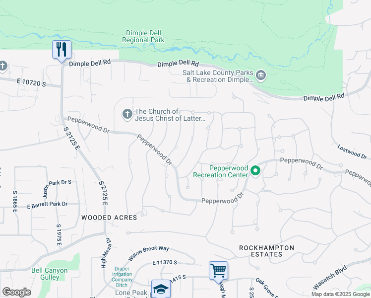 map of restaurants, bars, coffee shops, grocery stores, and more near 22 Snowstar Lane in Sandy