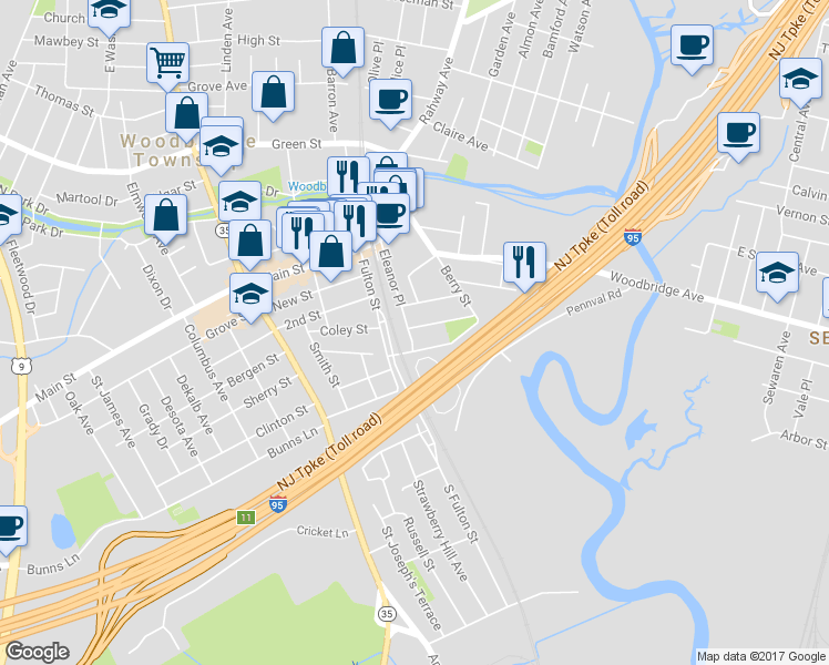map of restaurants, bars, coffee shops, grocery stores, and more near 27 Lillian Terrace in Woodbridge Township