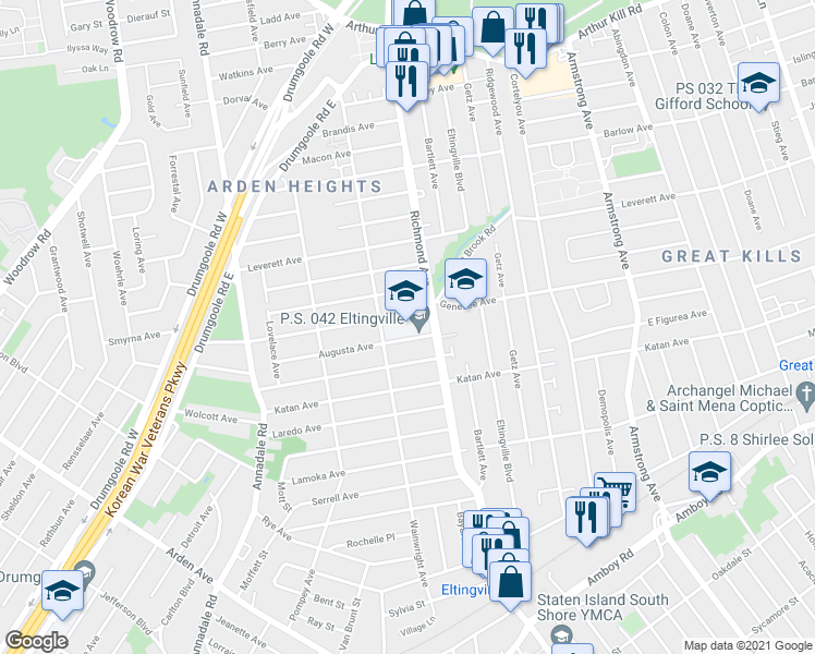 map of restaurants, bars, coffee shops, grocery stores, and more near 380 Genesee Avenue in Staten Island