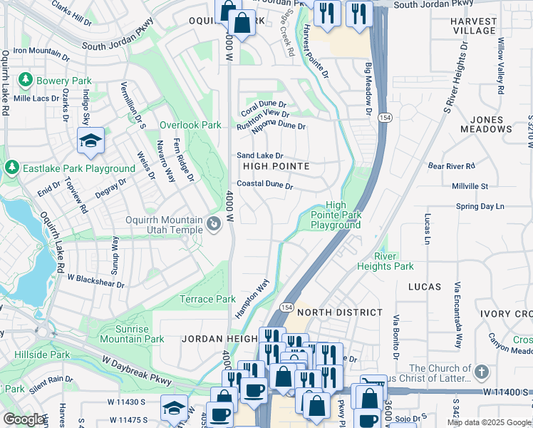 map of restaurants, bars, coffee shops, grocery stores, and more near 10992 Eureka Dune Drive in South Jordan