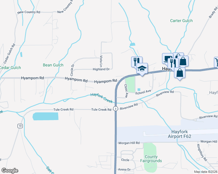 map of restaurants, bars, coffee shops, grocery stores, and more near 125 Hyampom Road in Hayfork