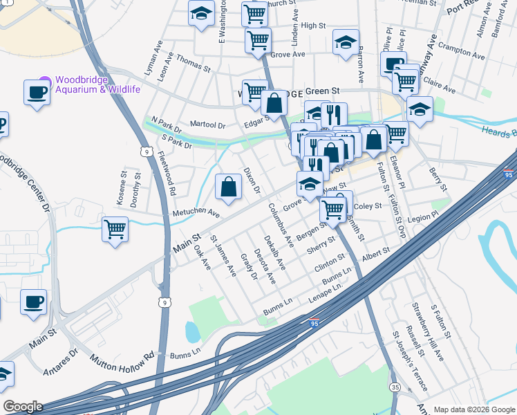 map of restaurants, bars, coffee shops, grocery stores, and more near 199 Main Street in Woodbridge Township
