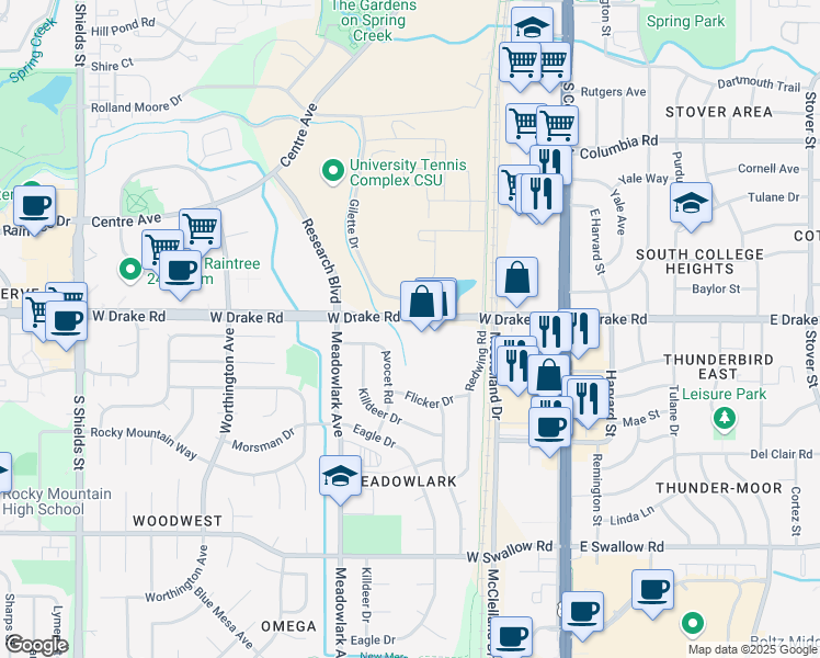 map of restaurants, bars, coffee shops, grocery stores, and more near in Fort Collins