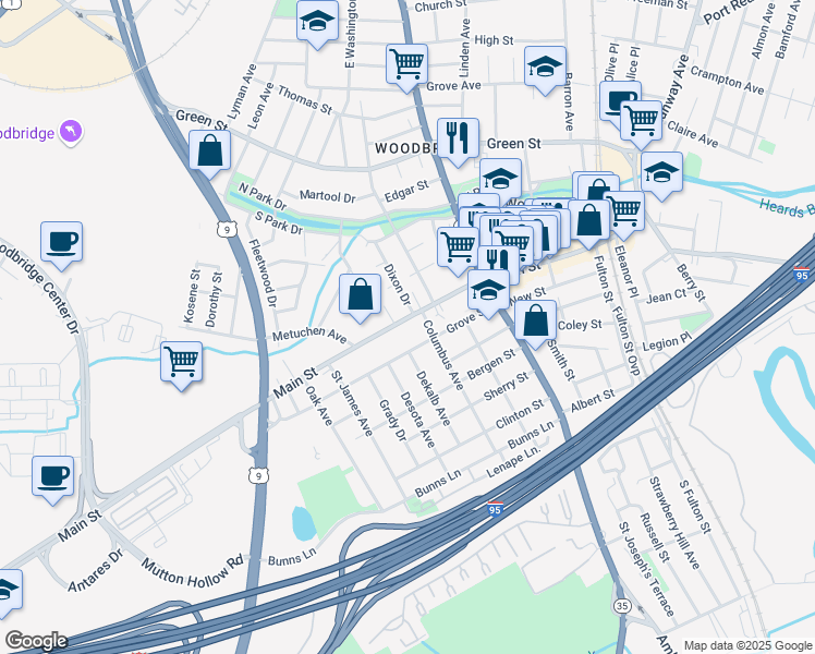 map of restaurants, bars, coffee shops, grocery stores, and more near 199 Main Street in Woodbridge Township