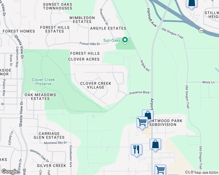 map of restaurants, bars, coffee shops, grocery stores, and more near 3849 Colby Trail in Redding