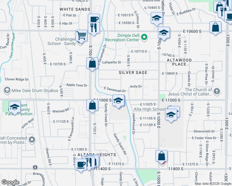 map of restaurants, bars, coffee shops, grocery stores, and more near 818 South Savannah Drive in Sandy