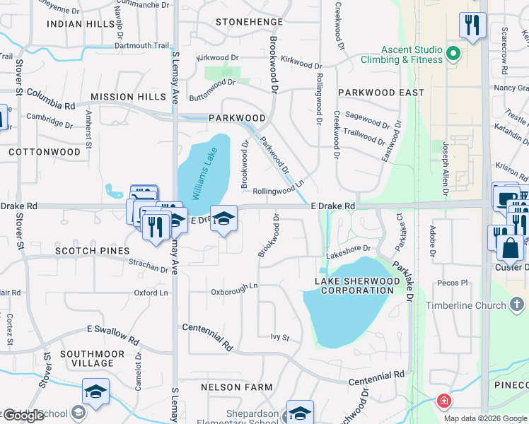 map of restaurants, bars, coffee shops, grocery stores, and more near 2600 Dorado Court in Fort Collins