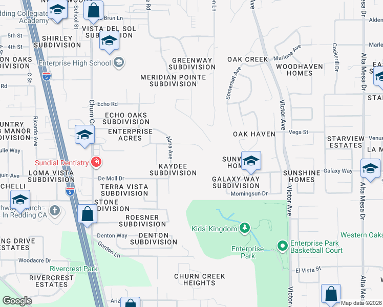 map of restaurants, bars, coffee shops, grocery stores, and more near 1485 Harpole Road in Redding