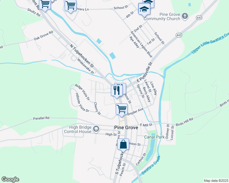 map of restaurants, bars, coffee shops, grocery stores, and more near 36 North Tulpehocken Street in Pine Grove