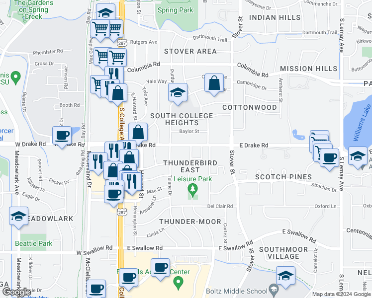 map of restaurants, bars, coffee shops, grocery stores, and more near 405 East Drake Road in Fort Collins