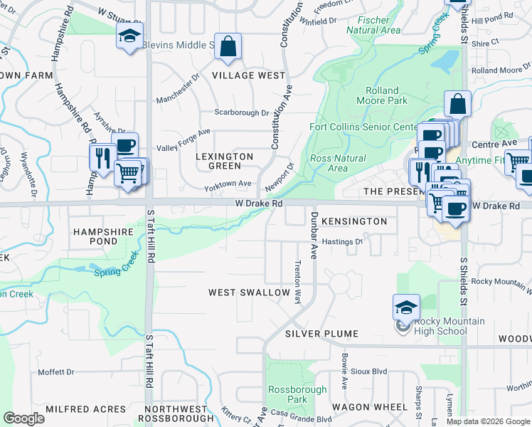 map of restaurants, bars, coffee shops, grocery stores, and more near 2607 Hanover Drive in Fort Collins