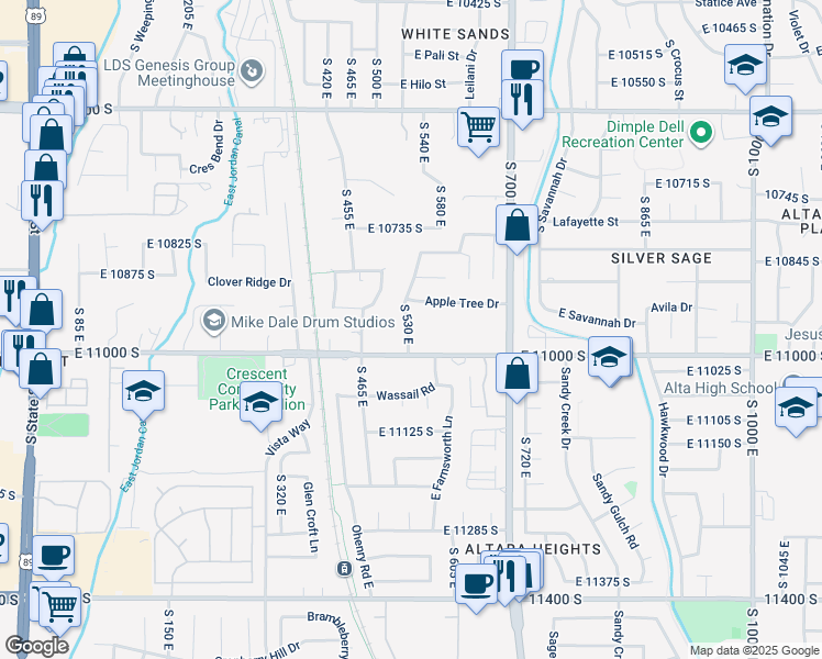 map of restaurants, bars, coffee shops, grocery stores, and more near 10999 South 530 East in Sandy