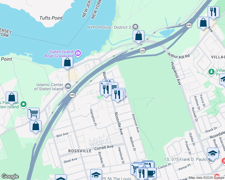 map of restaurants, bars, coffee shops, grocery stores, and more near 53 Pond Street in Staten Island