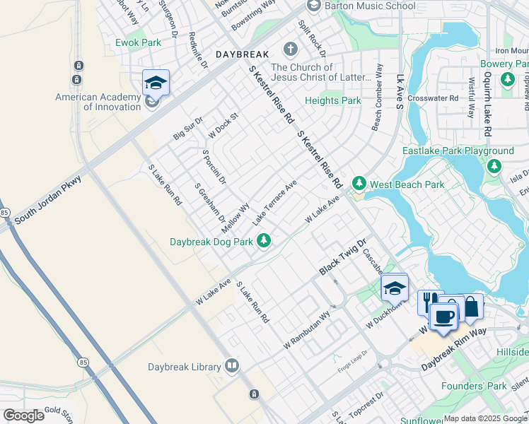 map of restaurants, bars, coffee shops, grocery stores, and more near 5107 West Lake Terrace Avenue in South Jordan