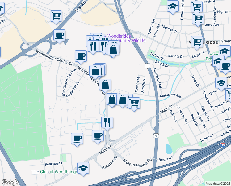 map of restaurants, bars, coffee shops, grocery stores, and more near 317 Sharon Garden Court in Woodbridge Township