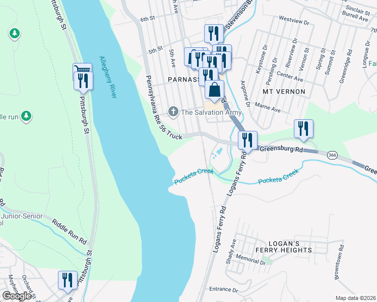 map of restaurants, bars, coffee shops, grocery stores, and more near 195 Industrial Boulevard in New Kensington