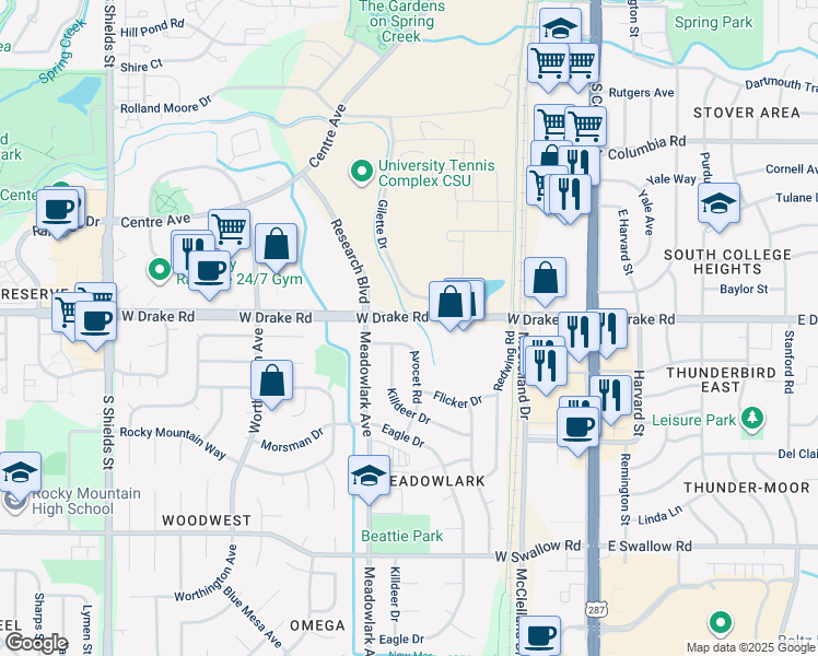 map of restaurants, bars, coffee shops, grocery stores, and more near 501 West Drake Road in Fort Collins