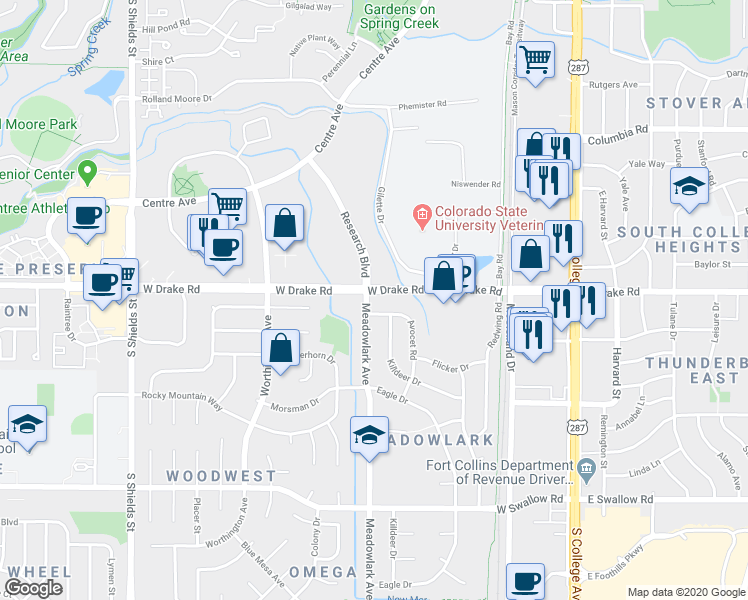 map of restaurants, bars, coffee shops, grocery stores, and more near 517 West Drake Road in Fort Collins