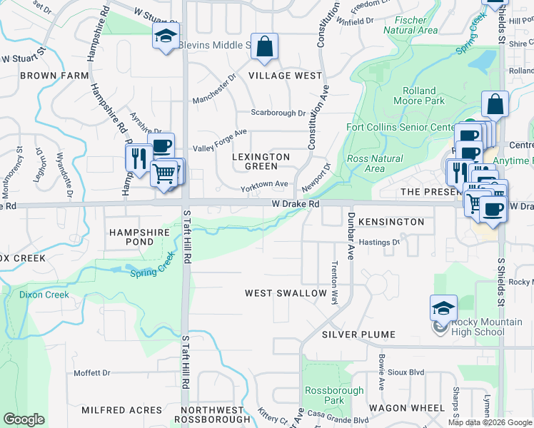 map of restaurants, bars, coffee shops, grocery stores, and more near 1717 West Drake Road in Fort Collins