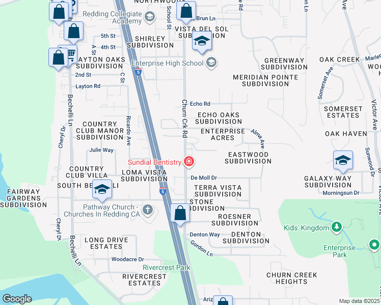 map of restaurants, bars, coffee shops, grocery stores, and more near 3751 Churn Creek Road in Redding