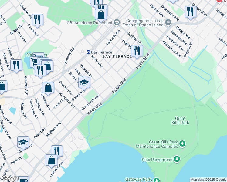 map of restaurants, bars, coffee shops, grocery stores, and more near 3463 Hylan Boulevard in Staten Island