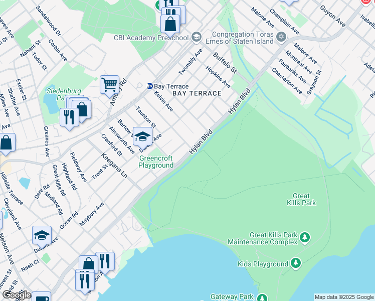 map of restaurants, bars, coffee shops, grocery stores, and more near 3463 Hylan Boulevard in Staten Island