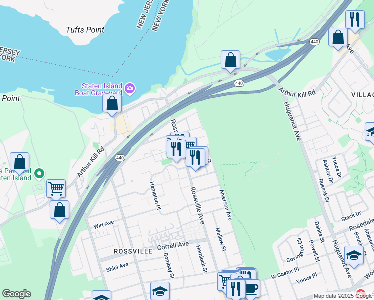 map of restaurants, bars, coffee shops, grocery stores, and more near 53 Pond Street in Staten Island
