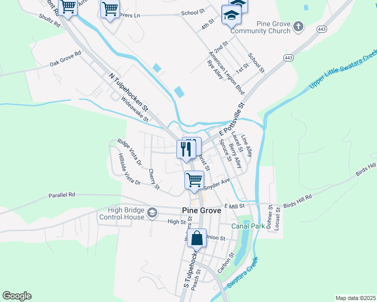 map of restaurants, bars, coffee shops, grocery stores, and more near 36 North Tulpehocken Street in Pine Grove