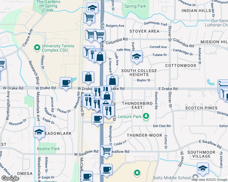 map of restaurants, bars, coffee shops, grocery stores, and more near 2601 Harvard Street in Fort Collins