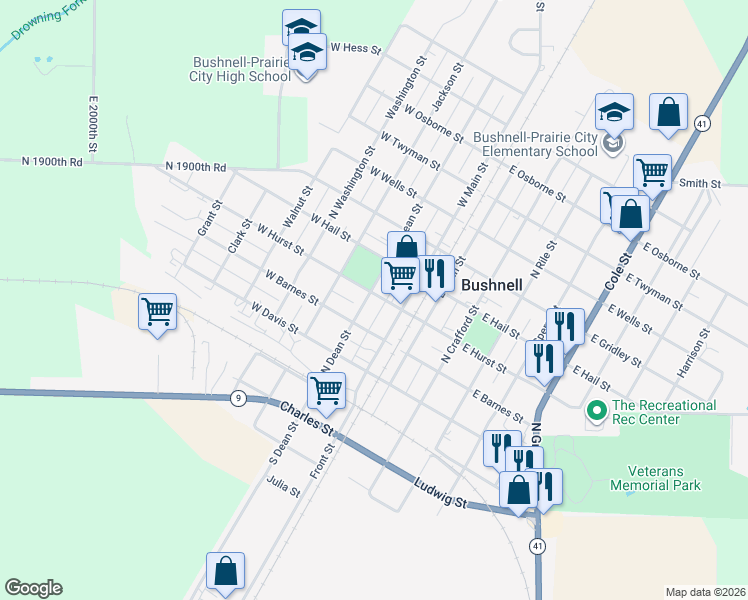 map of restaurants, bars, coffee shops, grocery stores, and more near 300-398 N Dean St in Bushnell