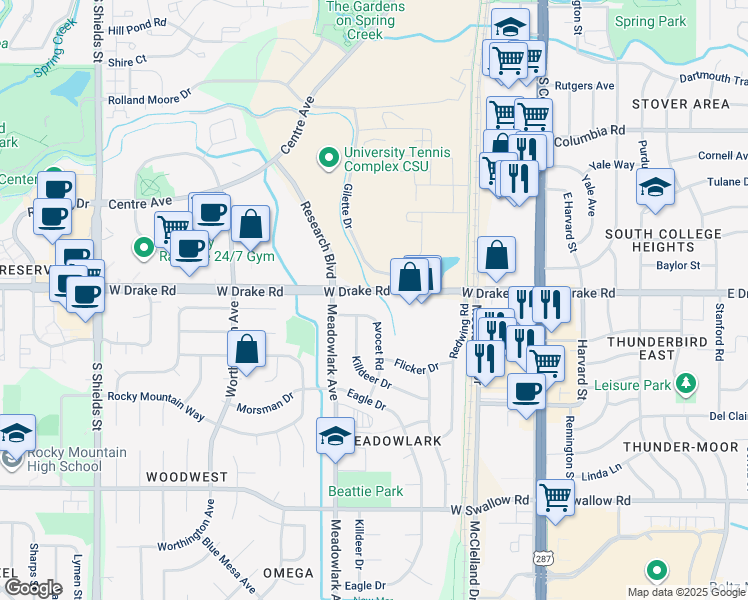map of restaurants, bars, coffee shops, grocery stores, and more near 501 West Drake Road in Fort Collins