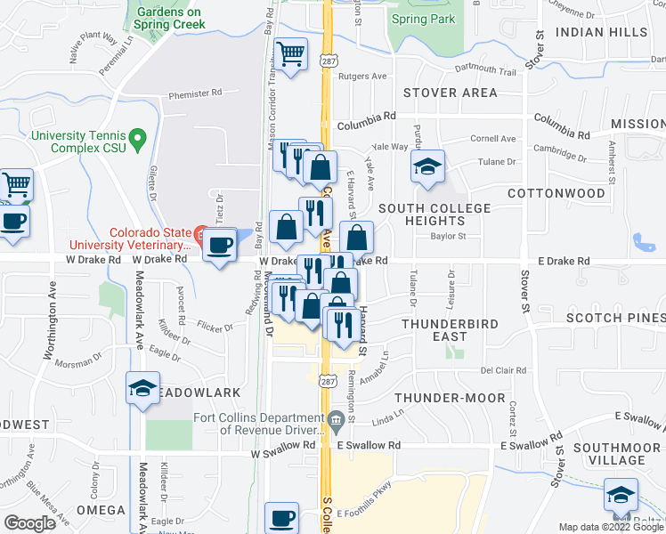 map of restaurants, bars, coffee shops, grocery stores, and more near 2600 South College Avenue in Fort Collins