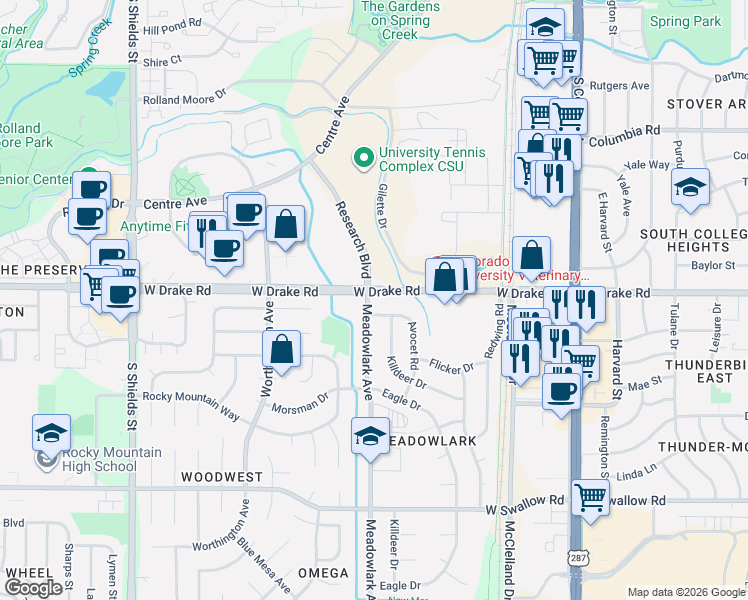 map of restaurants, bars, coffee shops, grocery stores, and more near 517 West Drake Road in Fort Collins
