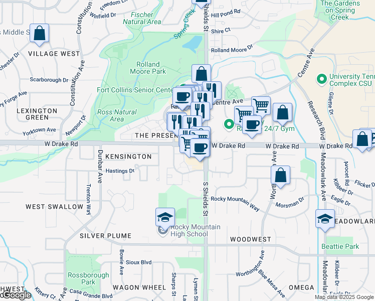 map of restaurants, bars, coffee shops, grocery stores, and more near 1125 West Drake Road in Fort Collins