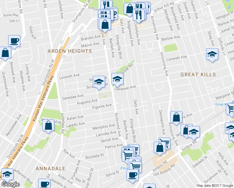 map of restaurants, bars, coffee shops, grocery stores, and more near 3523 Richmond Avenue in Staten Island