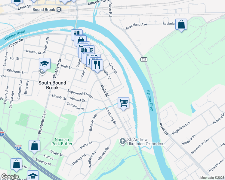 map of restaurants, bars, coffee shops, grocery stores, and more near 15 Johnson Street in South Bound Brook