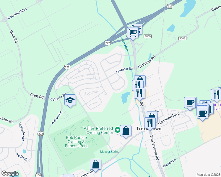 map of restaurants, bars, coffee shops, grocery stores, and more near 1122 Sparrow Way in Breinigsville