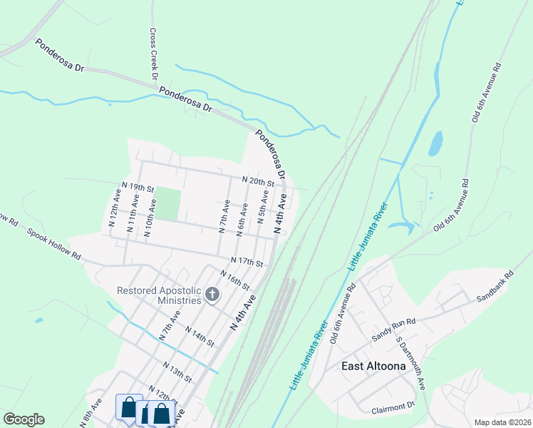 map of restaurants, bars, coffee shops, grocery stores, and more near 411 North 19th Street in Altoona