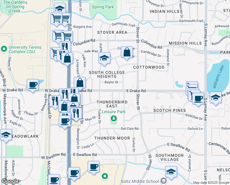 map of restaurants, bars, coffee shops, grocery stores, and more near 2600 Leisure Drive in Fort Collins