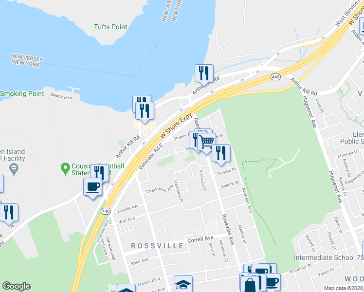 map of restaurants, bars, coffee shops, grocery stores, and more near 51 Barry Street in Staten Island