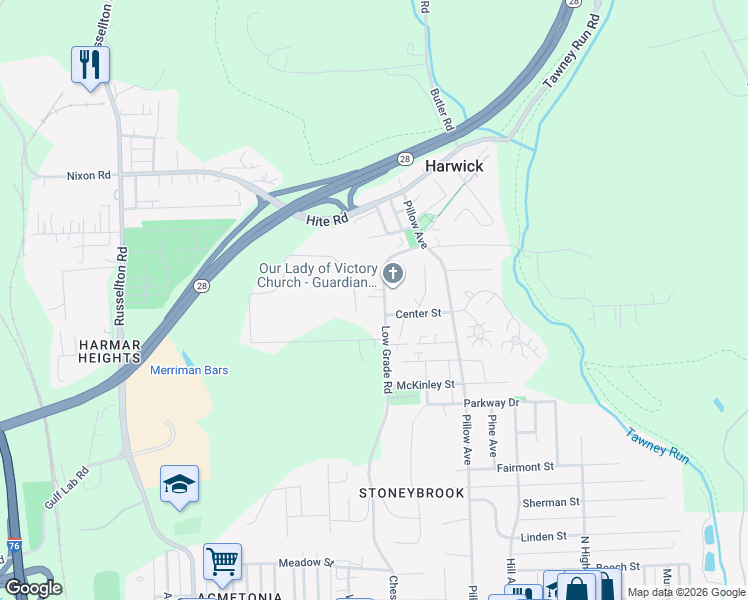 map of restaurants, bars, coffee shops, grocery stores, and more near 517 Low Grade Road in Cheswick