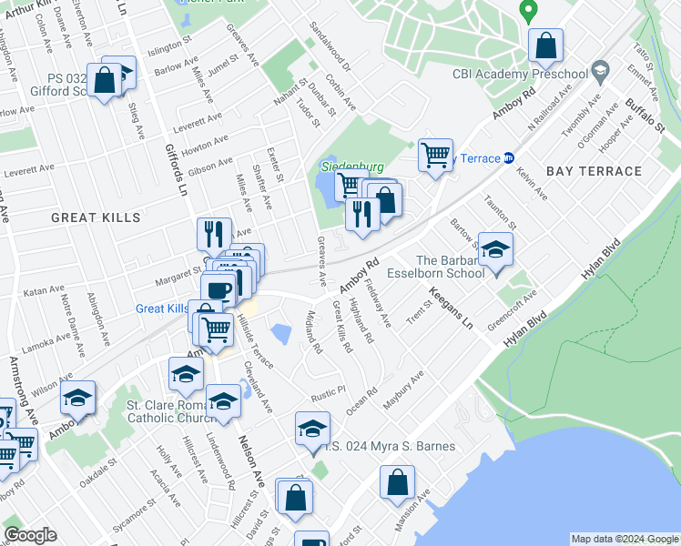 map of restaurants, bars, coffee shops, grocery stores, and more near 27 Stone Crest Court in Staten Island