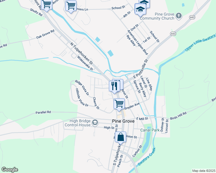 map of restaurants, bars, coffee shops, grocery stores, and more near 18 West Pottsville Street in Pine Grove