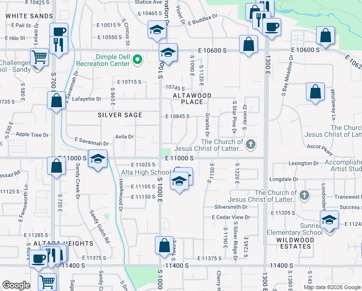 map of restaurants, bars, coffee shops, grocery stores, and more near 10941 South Mill Canyon Drive in Sandy